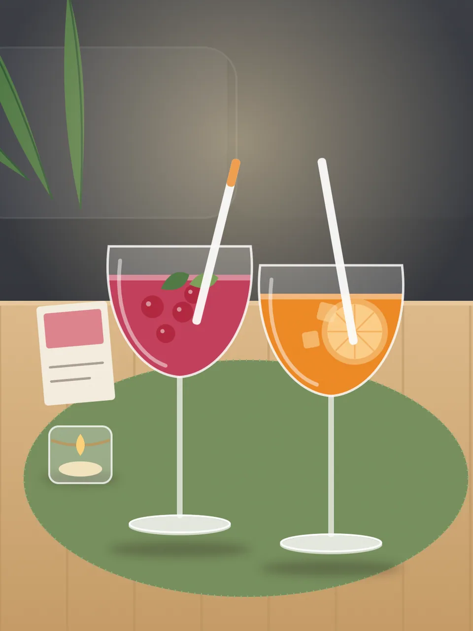Illustration: Zwei Drinks in Weingläsern auf einem Holztisch, einer mit Beeren und einer orange