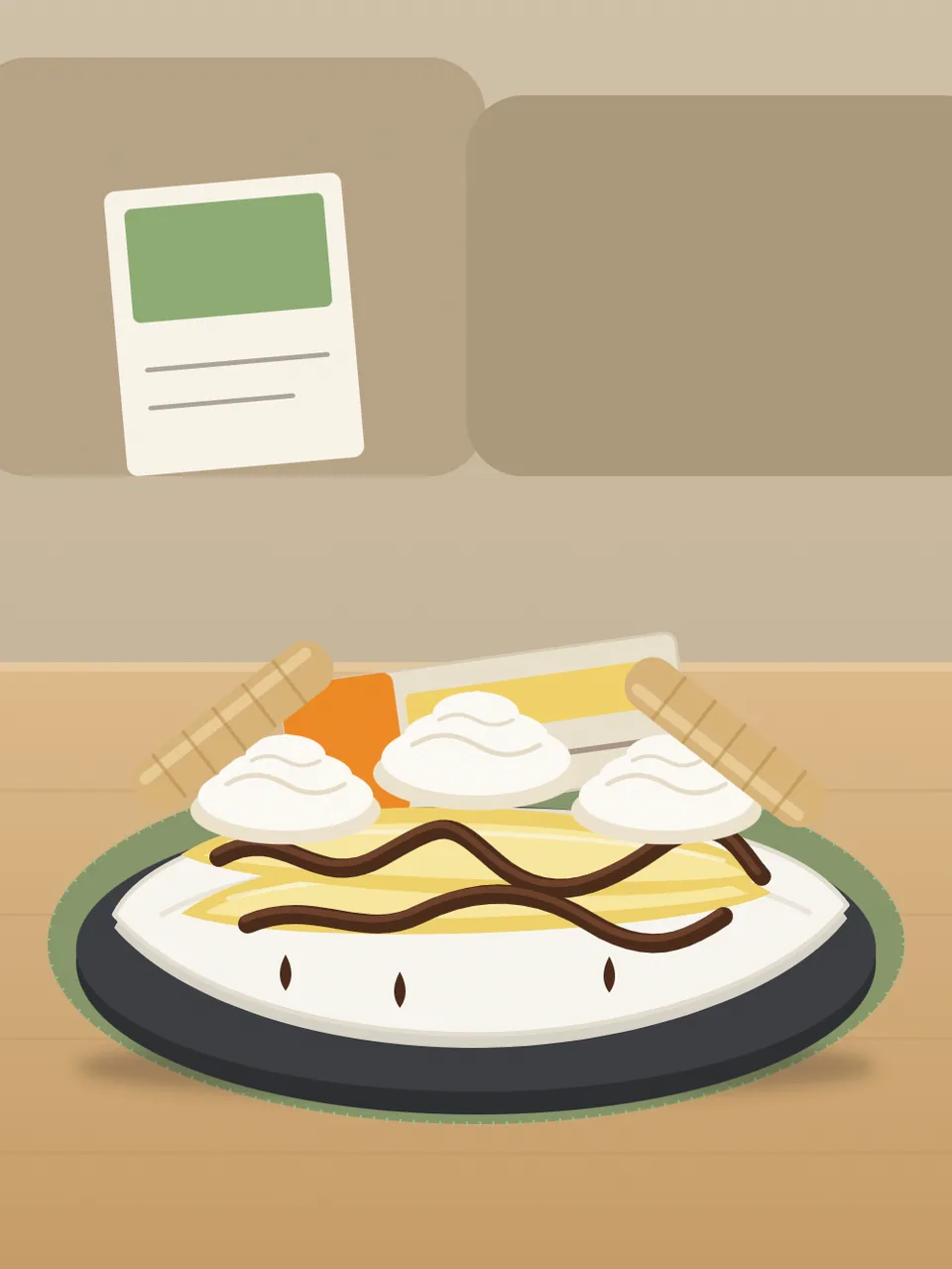 Illustration: Eisdessert mit Banane, Schlagobers und Schokoladensauce auf einem länglichen Teller