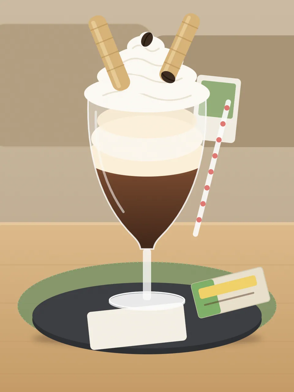 Illustration: Hohes Glas mit Kaffee, Eis und Schlagobers, dekoriert mit Waffelröllchen