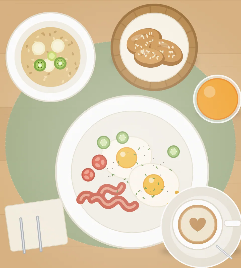 Illustration: Frühstückstisch von oben mit Spiegelei und Speck, Müsli mit Früchten, Gebäckkorb, Orangensaft und Cappuccino