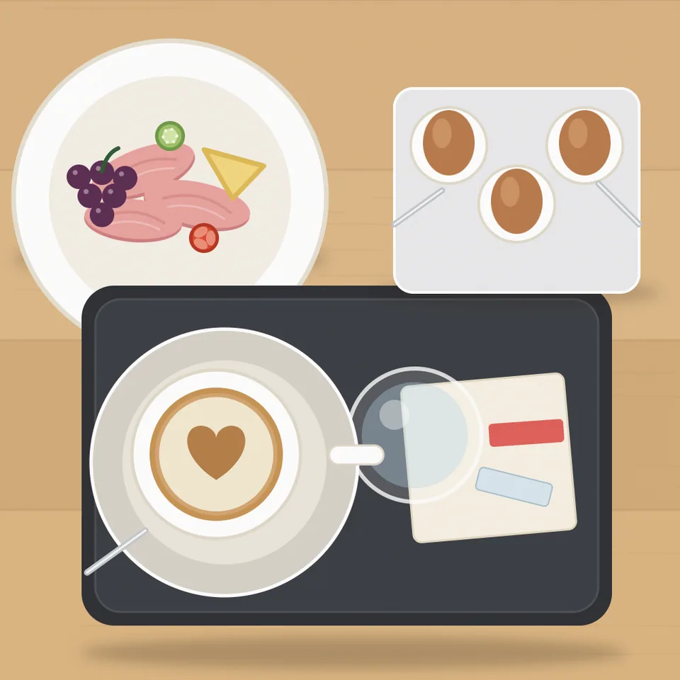 Illustration: Frühstück für drei mit Eiern im Eierbecher, Cappuccino mit Herz und Aufschnittteller