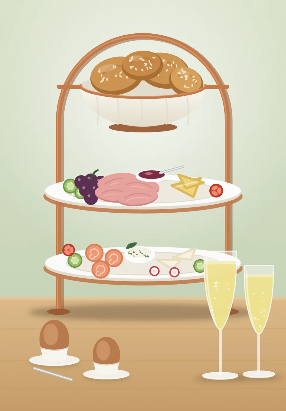 Illustration: Frühstück für zwei auf einer kupferfarbenen Etagere mit Gebäck, Aufschnitt, Lachs, Eiern und Sekt