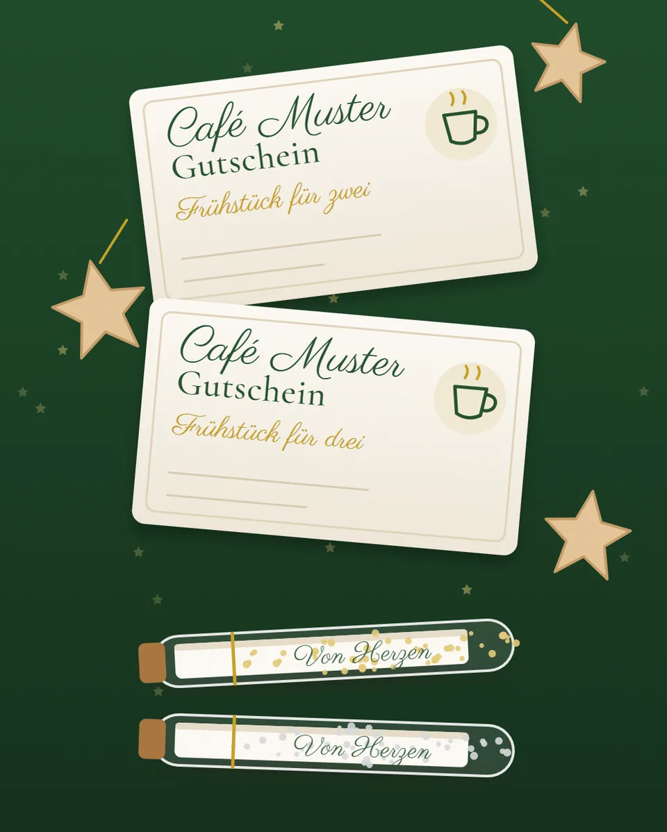 Illustration: Frühstücksgutscheine mit Schleife und Glasröhrchen