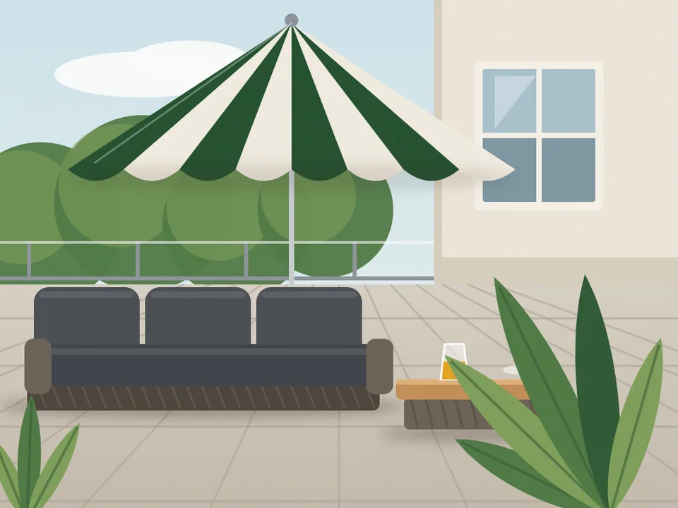 Illustration: Terrasse mit Loungemöbeln und Sonnenschirm