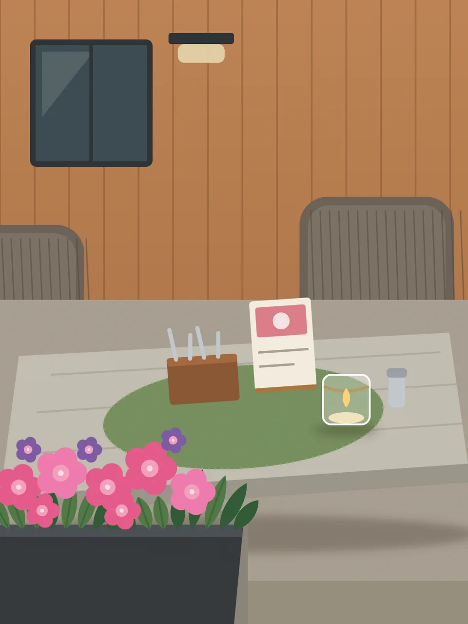 Illustration: Tisch auf der Terrasse mit Speisekarte, Kerzenglas und Geranien im Vordergrund