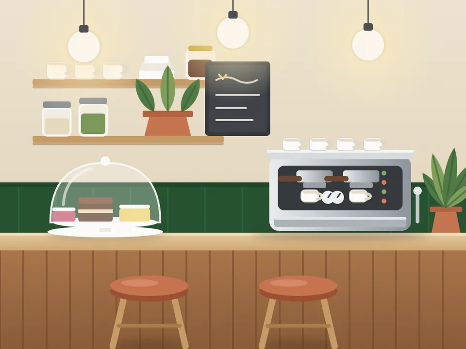 Illustration: Theke mit Espressomaschine und Tassen